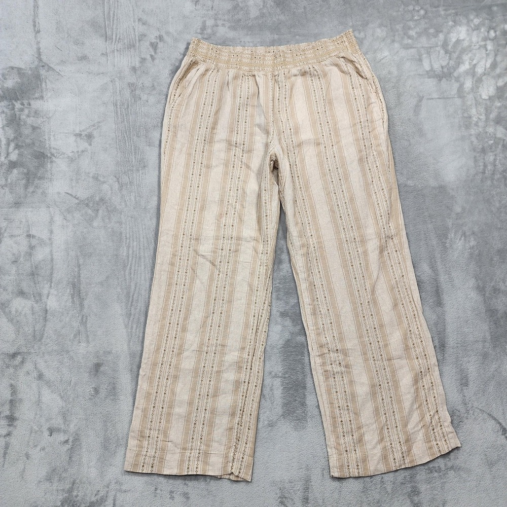 Briggs Pants Womens XL Beige Striped Linen Pull On Wide Leg Lightweight Casual